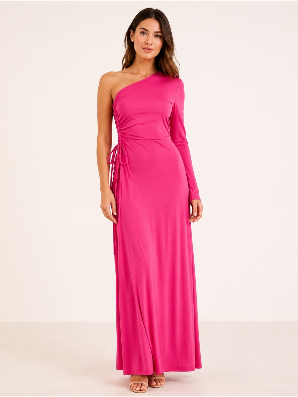NWT Lulus Hot Pink One-Shoulder Ruched Long Sleeve Maxi Dress